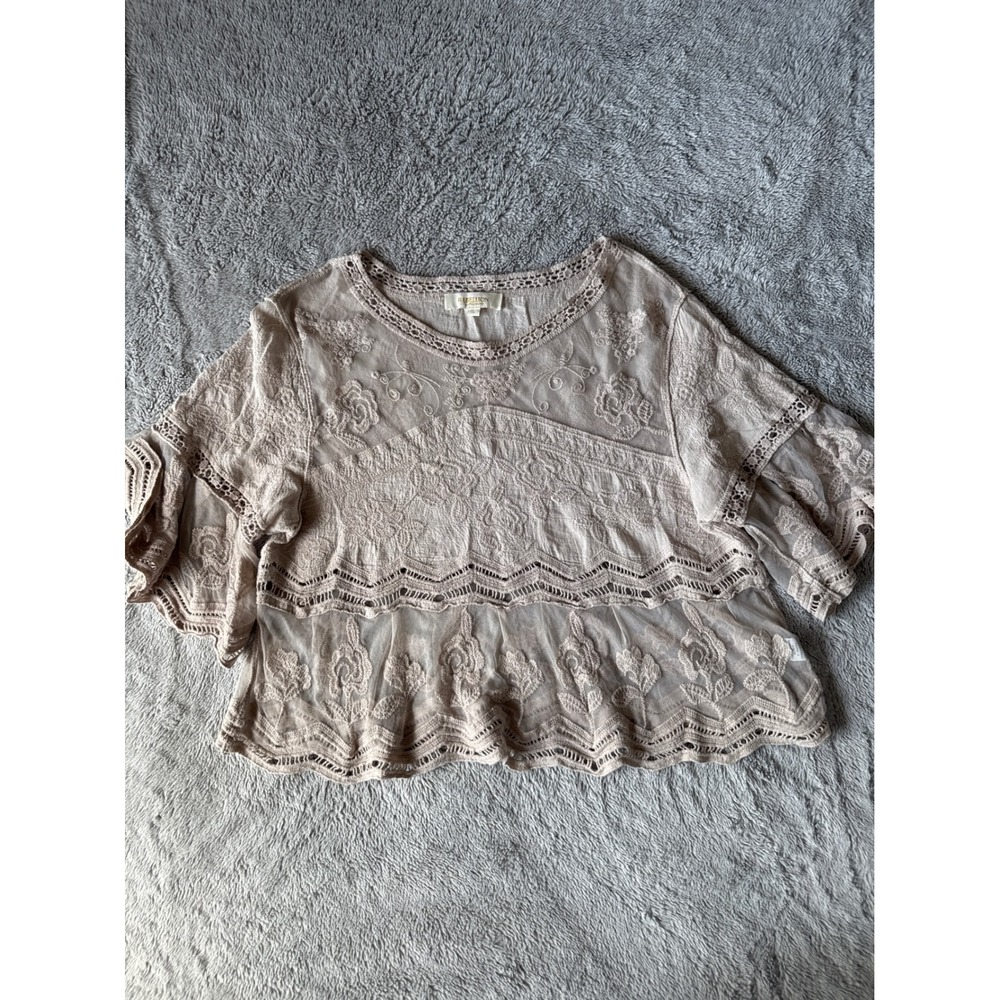 Rebellion Again Beige Floral Embroidered Mesh Lace Crochet Boho Blouse Large